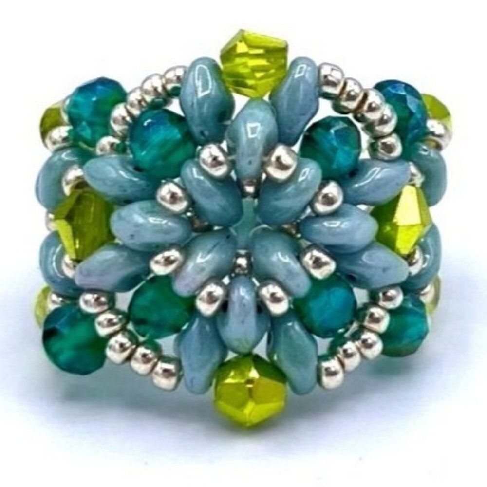 Silver with Sky Blue, Aquamarine and Yellow Crystal Beaded Statement Ring Size 7